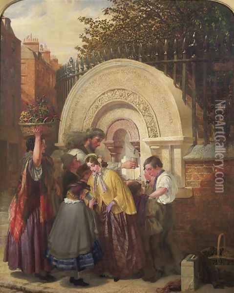 The First Public Drinking Fountain 1850 Oil Painting - W. A. Atkinson