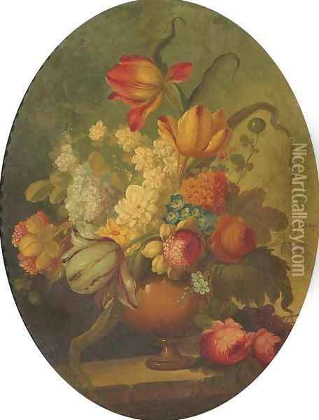 Flowers in a vase on a stone ledge Oil Painting - French School