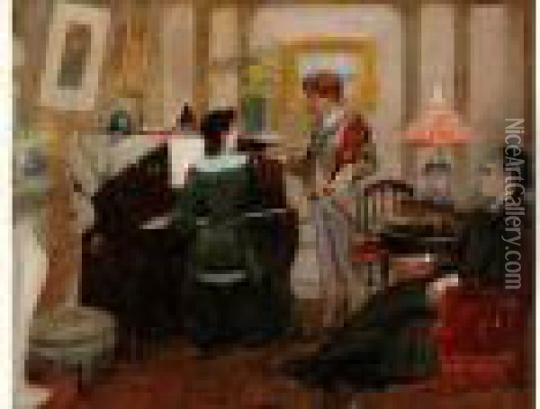 La Lecon De Musique, Circa 1880 Oil Painting - Norbert Goeneutte