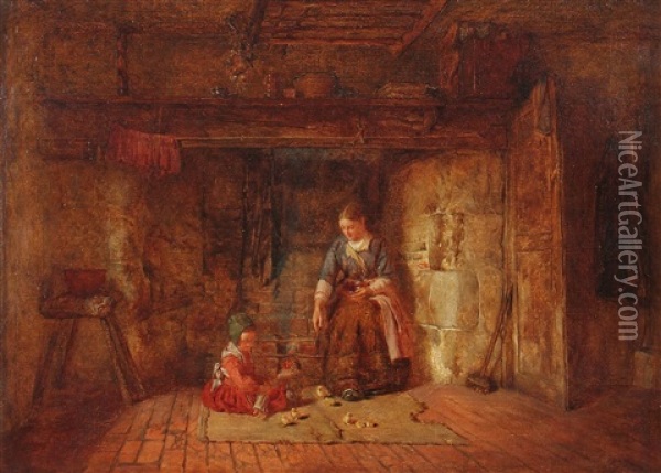 Junge Mutter Mit Spielendem Kind Und Kuken In Der Kuche Oil Painting - Alfred Provis