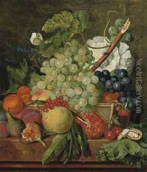 Figs, Peaches, An Apple, A 
Pomegranate, Cherries And A Walnut On Aledge With Grapes, An Orange And 
Peonies In A Basket, With Abutterfly, A Fly And A Bumblebee Oil Painting - Jan Van Huysum