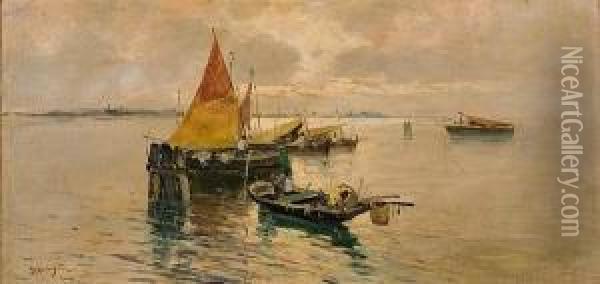 Boats In Calm Waters Oil Painting - Vassilios Chatzis