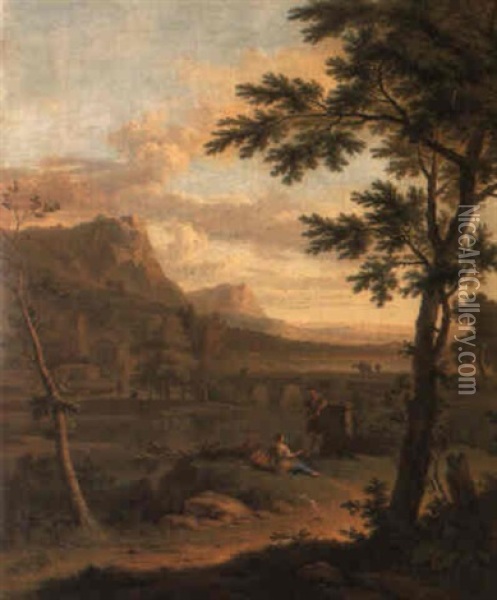 An Arcadian Landscape With Figures Conversing On A Riverbank Oil Painting - Jan Van Huysum