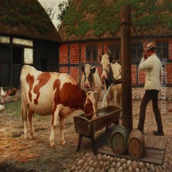 Cows Drinking Water On A Summer Day Oil Painting - Poul Steffensen