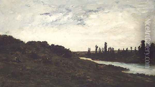 Herdsmen and Cattle in a wooded river landscape Oil Painting - Charles-Francois Daubigny