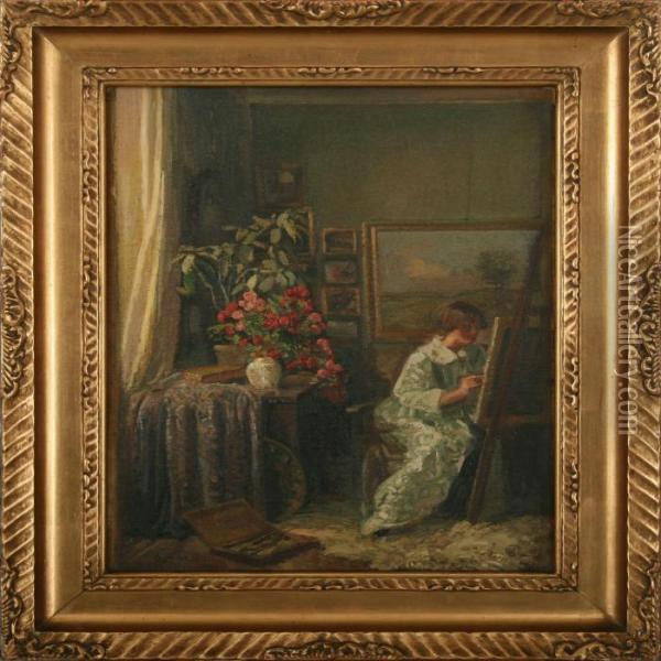 Interior With The Paintergerda Srom At A Easel Oil Painting - Gerhard Lichtenberg Blom
