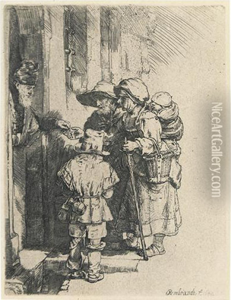 Beggars Receiving Alms At A Door. Oil Painting - Rembrandt Van Rijn