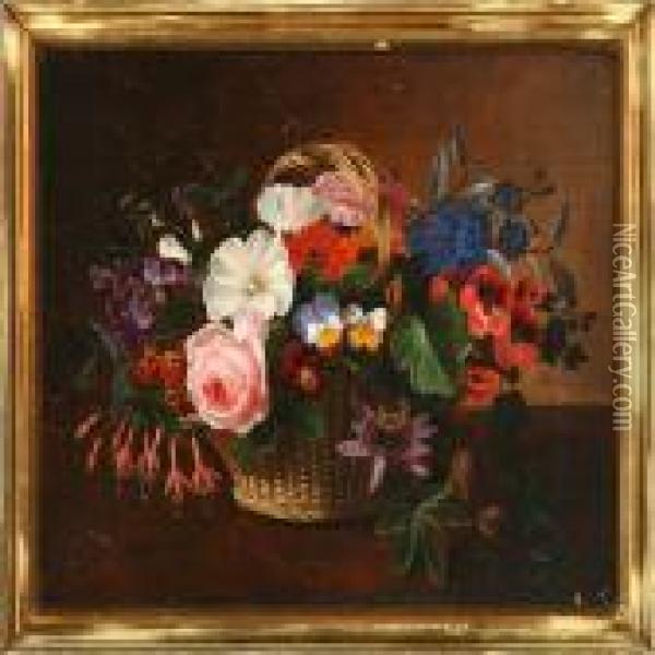Still Life With Flowers In A Basket Oil Painting - I.L. Jensen