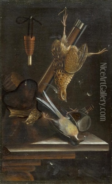 Trompe-l'oeils With Musket And Three Birds Oil Painting - Cornelis (Bilcius) Biltius