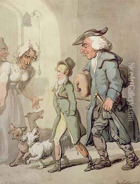 The Bear and Bear Leader - passing the Hotel dAngleterre, 1776 Oil Painting - Thomas Rowlandson