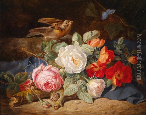 Blumenstuck Am Waldboden Mit Rosen, Schmetterling Und Schnecke Oil Painting - Josef Lauer