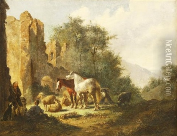 Shepherds With Sheep, Goats And Horses By Castle Ruins Oil Painting - Adolphe Eugene Gabriel Roehn