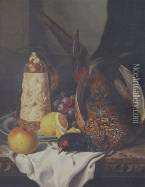 A Still Life With Fruit, Pheasant, Carved Ivory Tankard And Blue-and-white Dish, On A Table-top Oil Painting - Edward Ladell