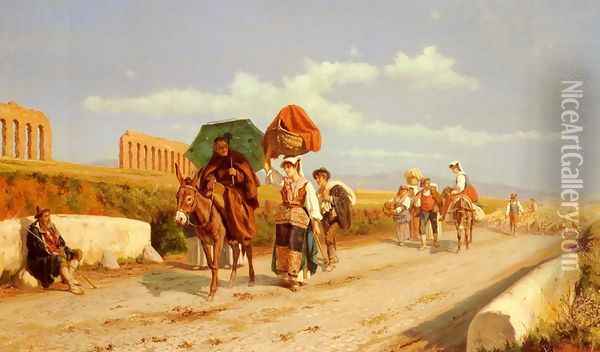 Travellers In The Roman Campagna Oil Painting - Pietro Gabrini