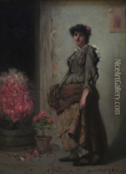 A Flower Girl Oil Painting - A. D. Bastin