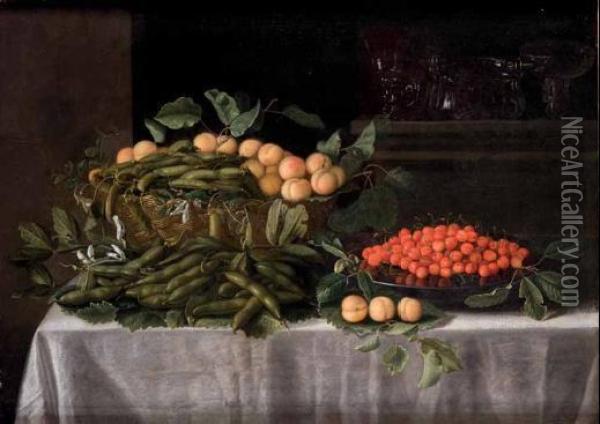 Albicocche, Baccelli Di Fave, E Un Vassoio Di Ciliegie Su Un Tavolo Oil Painting - Bartolommeo Bimbi
