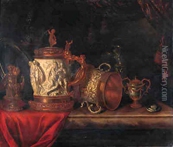 A pronk still life with a gilt dish, a gilt cup and cover, a bronze sculpture of a seated putto, an ormulo mounted carved ivory tankard Oil Painting - Pieter Gerritsz. van Roestraeten