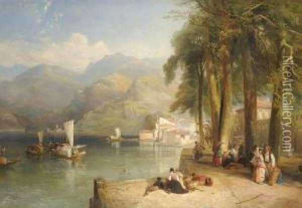Figures On The Bank Of An Italianate Lake Oil Painting - Thomas Miles Richardson
