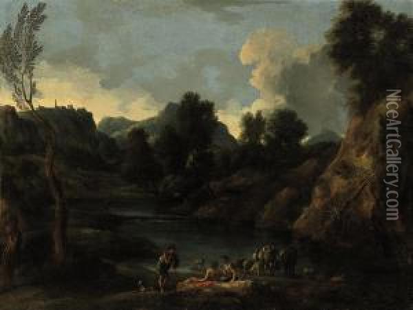 A Rocky Landscape With Shepherds Resting By A River, A Young Boyfishing Beyond Oil Painting - Antonia Tempesta