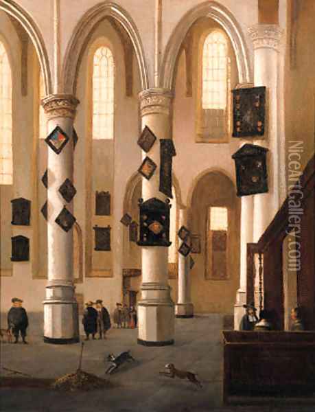 A view in the Oude Kerk, Delft, looking east from the Northern aisle, with townsfolk near an open grave Oil Painting - Hendrick Van Vliet