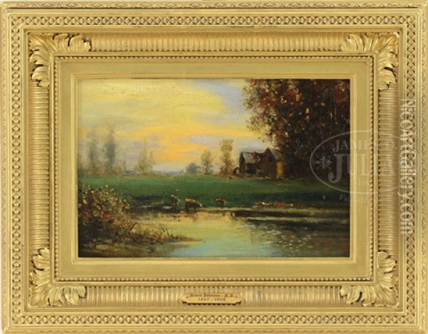 Sunrise Landscape With Cows At Watering Hole Oil Painting - David Johnson