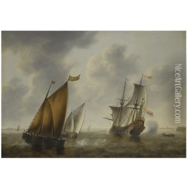 Shipping In A Breeze Off The Dutch Coast Oil Painting - Jacob Adriaenz. Bellevois