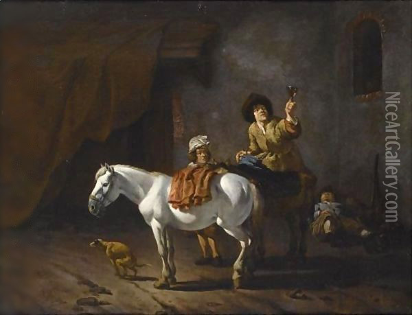 Two Horsemen With Their Horses And A Dog Near A Stable, Another Horseman Sleeping In The Background Oil Painting - Karel Dujardin