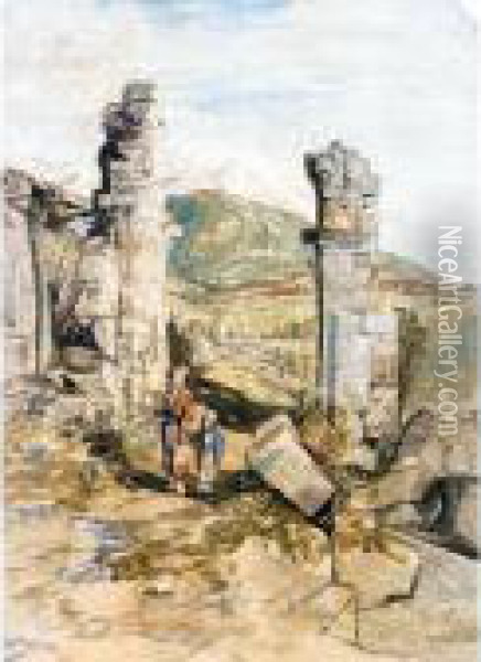 Figures By Classical Ruins On Mount Athos, Lycia Oil Painting - William James Muller