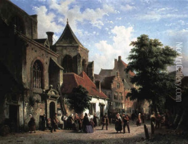 Figures In A Dutch Street Scene Oil Painting - Adrianus Eversen