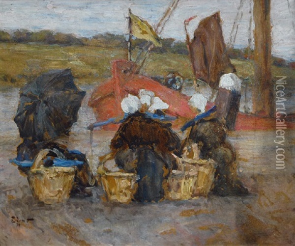 Market Women At The Harbour Oil Painting - Henning Edens