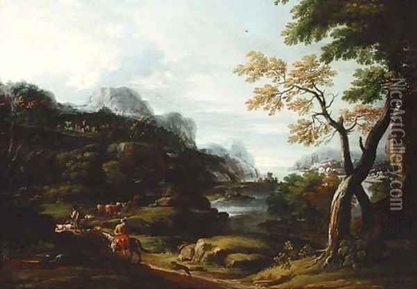 An Italianate landscape with drovers and cattle on a track Oil Painting - Giovanni Francesco Grimaldi