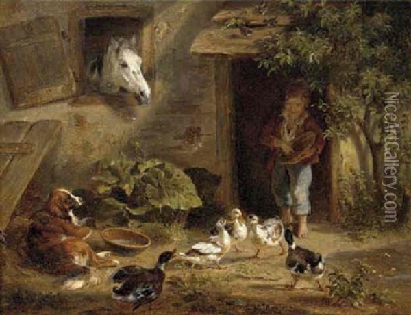 Feeding The Ducks Oil Painting - Benno Raffael Adam
