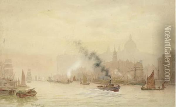 A View Of Westminster From The 
South Bank; And A View Of St. Paul's From Across The Thames Oil Painting - Hubert James Medlycott