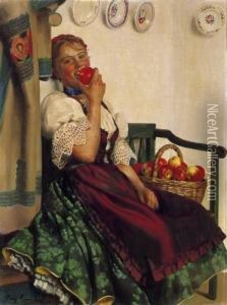Girl Eating Apple Oil Painting - Emil Pap