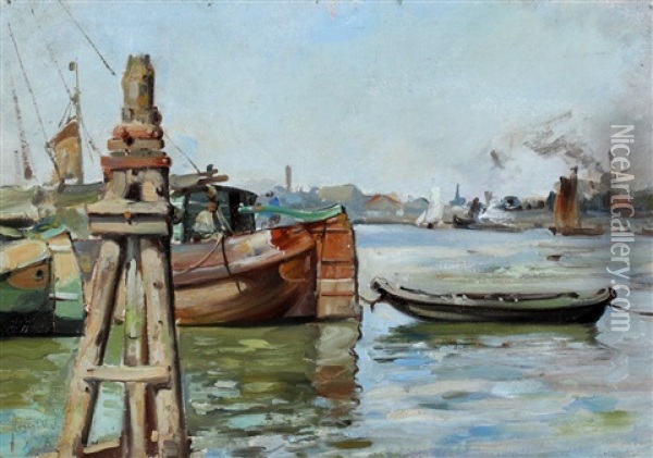 Haventje Oil Painting - August Willem van Voorden