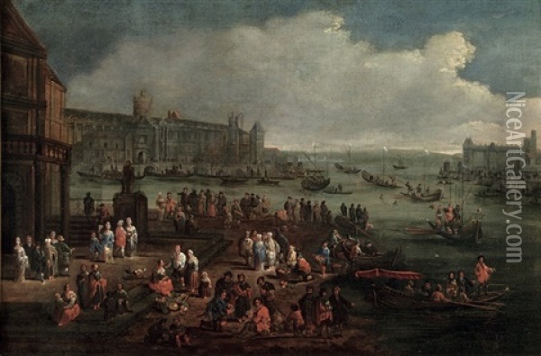 An Italianate Harbour With Numerous Figures Oil Painting - Adriaen Frans Boudewyns the Elder