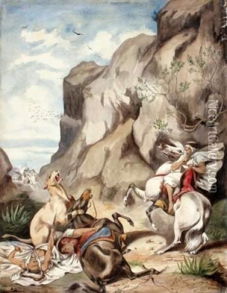 Cavaliers Arabes Attaques Par Un Felin Oil Painting - Germain Dupac