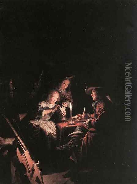 Cardplayers At Candlelight Oil Painting - Gerrit Dou
