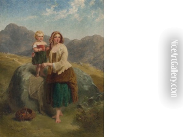 Mother And Child On Highland Hillside Oil Painting - Daniel Munro