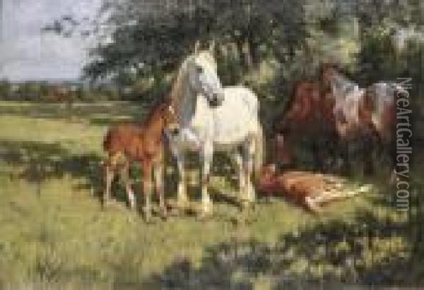 Mares And Foals In A Landscape Oil Painting - Wright Barker