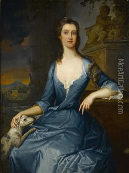 A Portrait Of A Lady, Three-quarter-length, With Her Dog Oil Painting - Charles Jervas