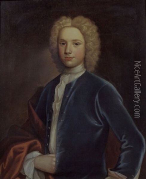 Portrait Of A Gentleman Wearing A Blue Coat With A White Stock, A Red Cloak Over His Arm Oil Painting - Charles Jervas