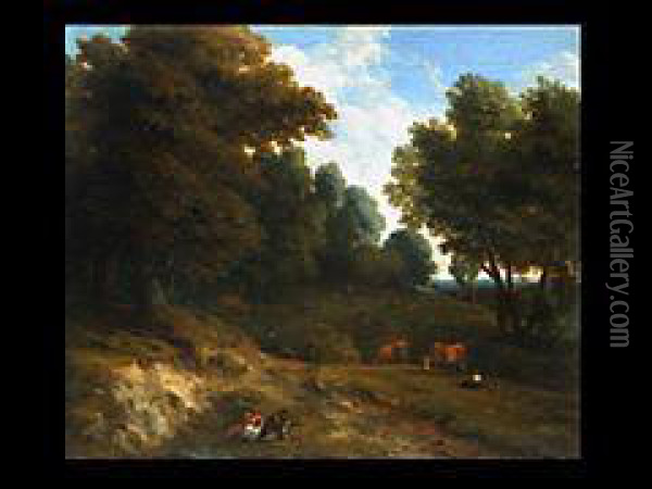 Baumlandschaft Mit Kuhen Und Wanderer Oil Painting - Cornelis Huysmans