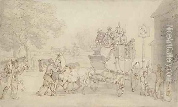 Changing horses at the Swan Inn, Brixton Oil Painting - Thomas Rowlandson