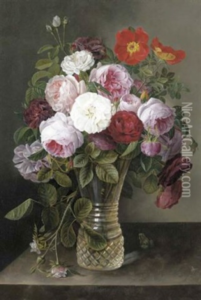 Mixed Roses In A Crystal Vase Oil Painting - Gottfried Wilhelm Voelcker