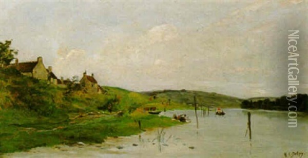 A Village By A River Oil Painting - Hippolyte Camille Delpy