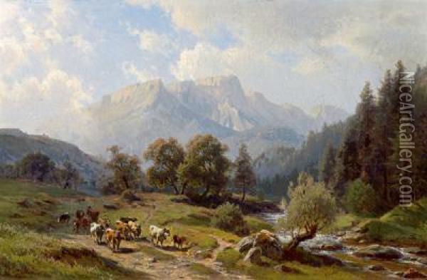 Mucche Andando Verso La Riva Del Ruscello Oil Painting - Paul Gottlieb Weber