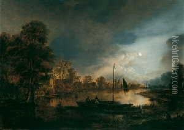 Mondbeschienene Flusslandschaft Mit Drei Mannern In Einem Boot. Oil Painting - Aert van der Neer