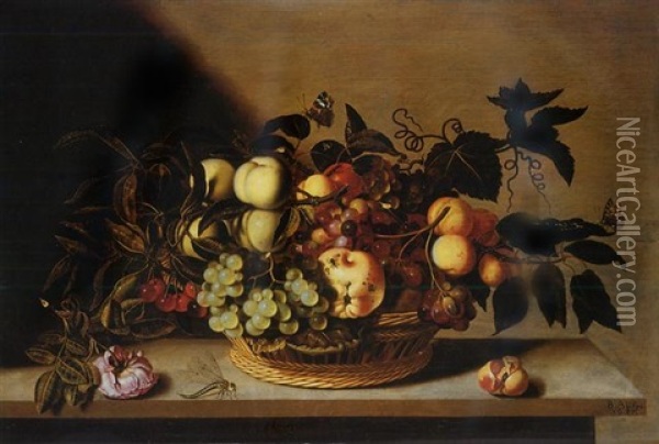 Grapes, Cherries, Peaches And Other Fruit In A Basket, With A Rose And A Dragonfly On A Stone Ledge Oil Painting - Bartholomeus Assteyn