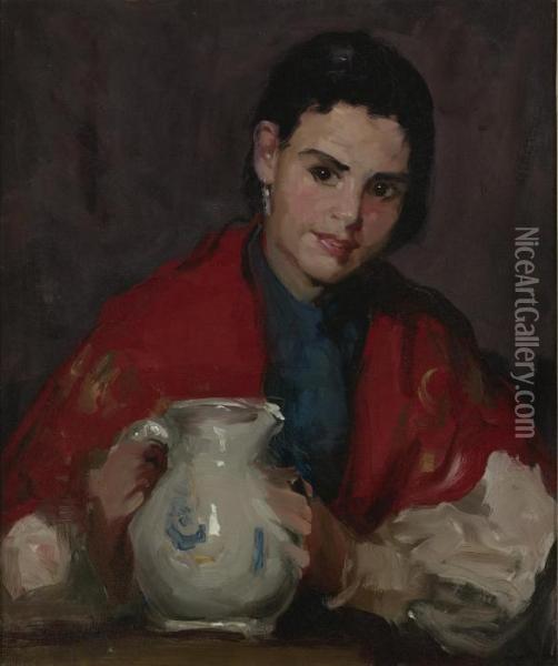 Segovia Girl Holding Pitcher (girl From Segovia) Oil Painting - Robert Henri